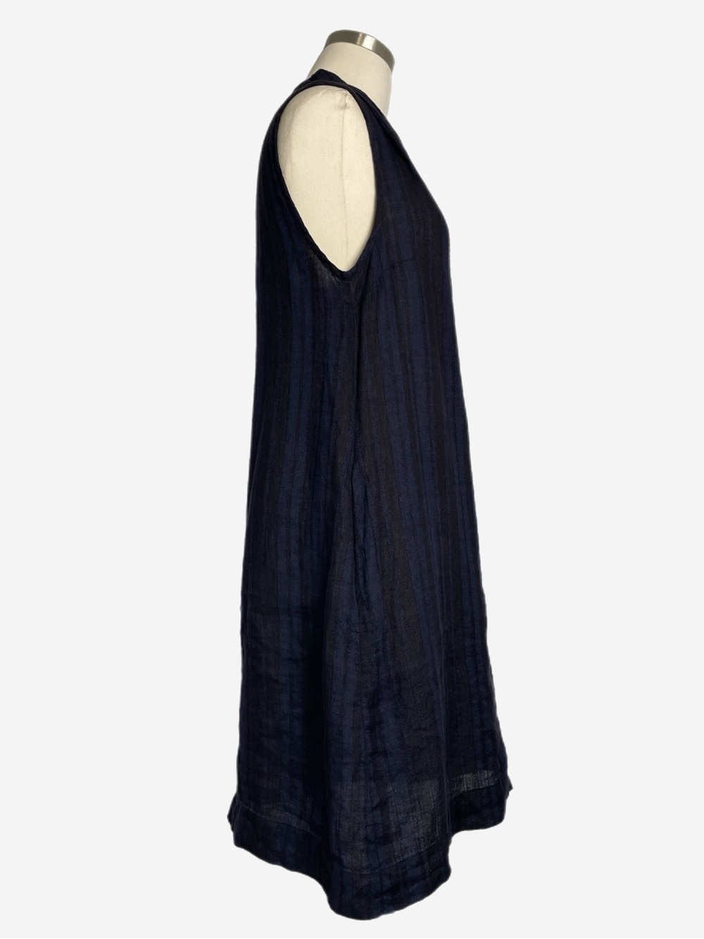 FLAX Navy black striped sleeveless v-neck shift dress linen beachy pockets XS/S - Picture 5 of 11